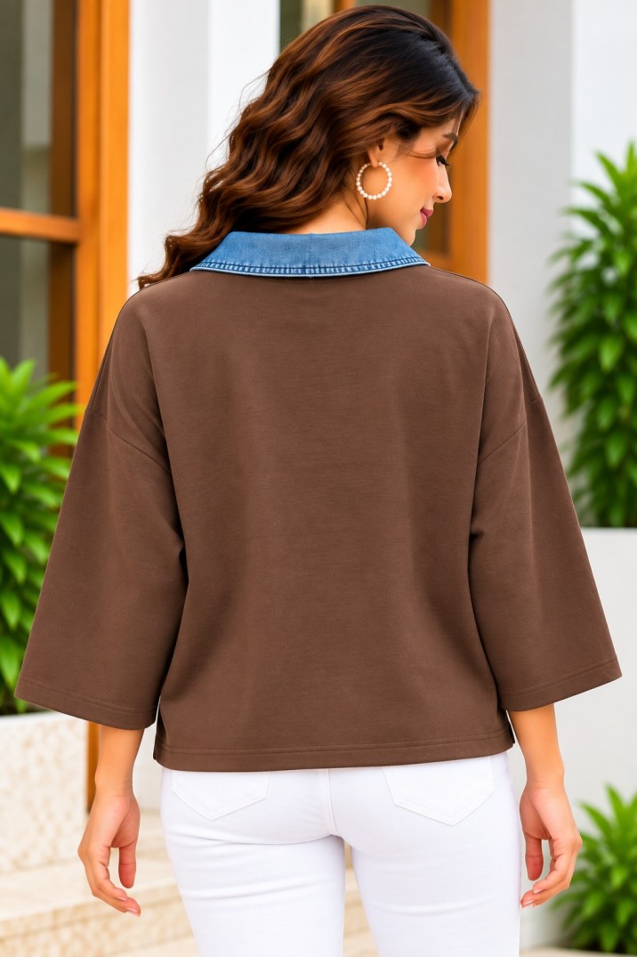 AAVARI Women Brown Denim Collar Embroidered Oversized Casual Top
