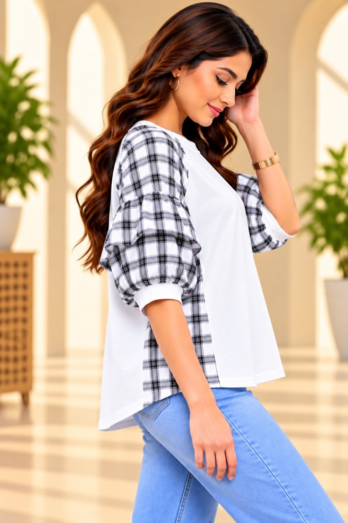 AAVARI Women White & Black Checkered Puff Sleeve Casual Top