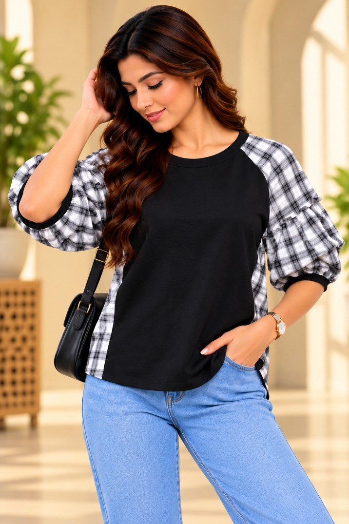 AAVARI Women Black & White Checkered Puff Sleeve Casual Top