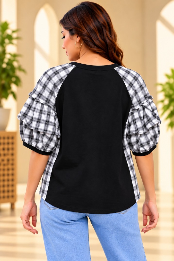 AAVARI Women Black & White Checkered Puff Sleeve Casual Top