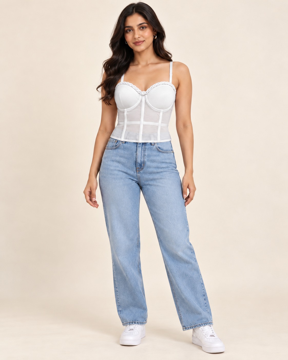 AAVARI Women’s White Mesh Corset Top with Sweetheart Neckline