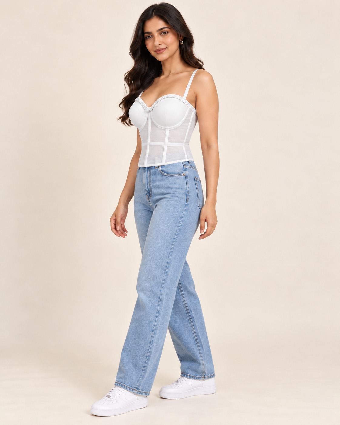 AAVARI Women’s White Mesh Corset Top with Sweetheart Neckline