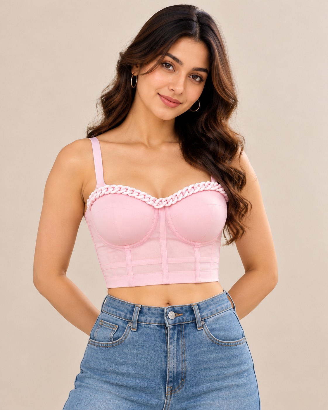 AAVARI Women’s Pink Mesh Corset Crop Top with Sweetheart Neckline