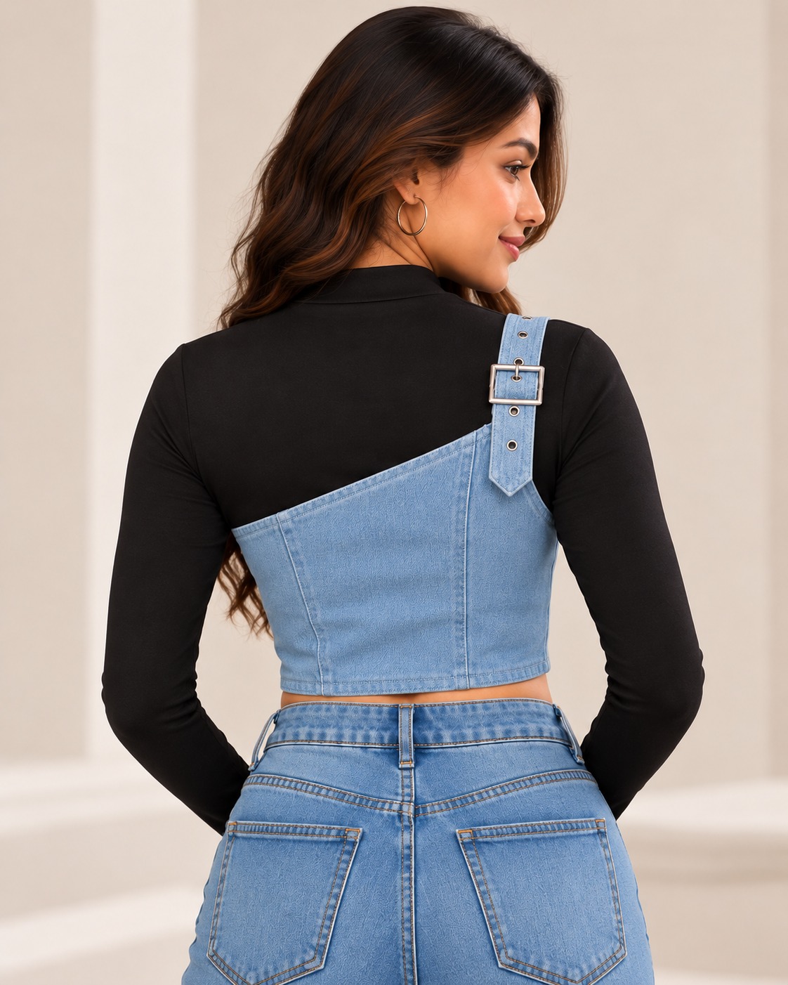 AAVARI Women’s Light Blue One-Shoulder Denim Crop Top with Buckle Strap