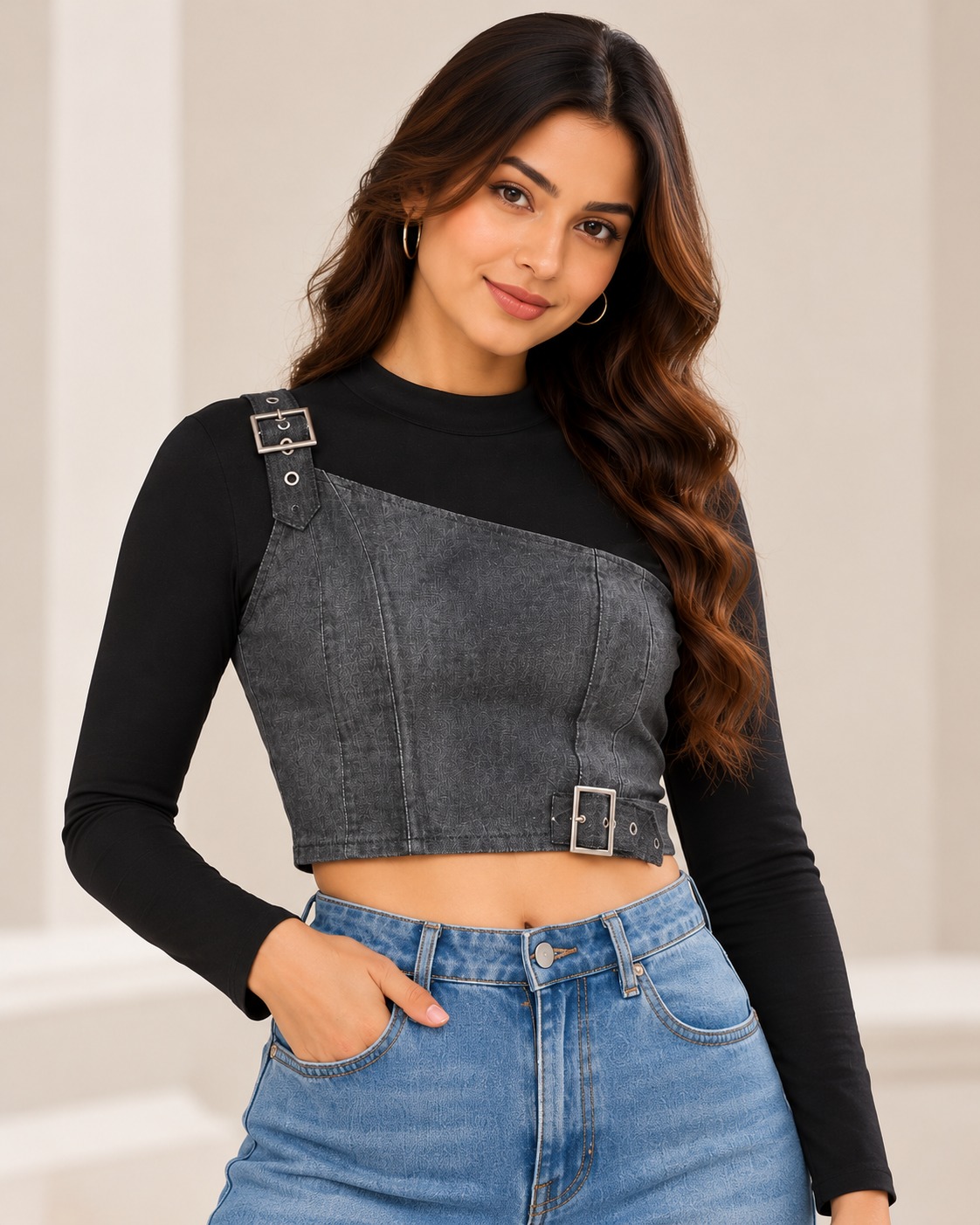AAVARI Women’s Charcoal Grey One-Shoulder Denim Crop Top with Buckle Strap