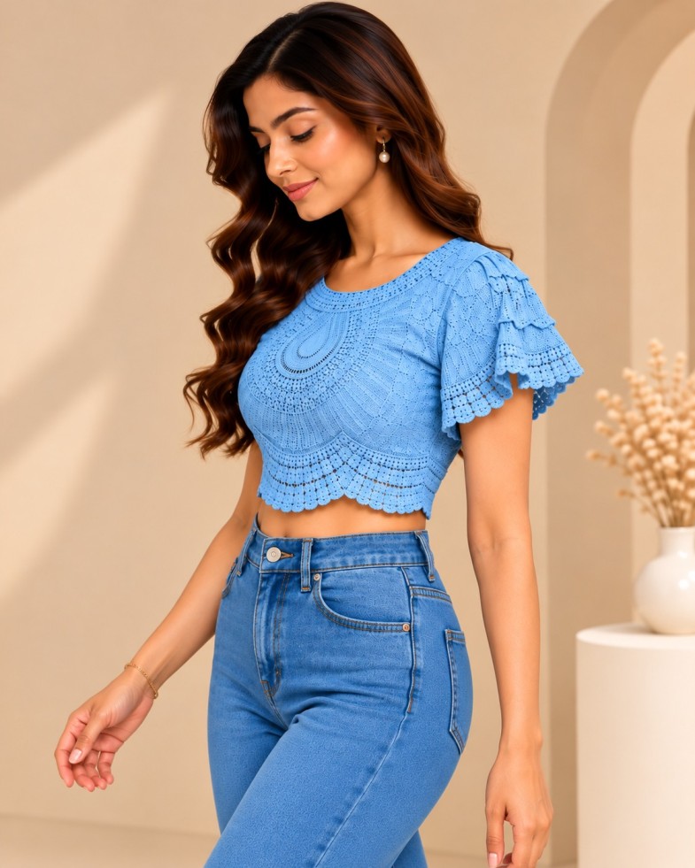 AAVARI Women’s Sky Blue Lace Crop Top with Round Neck