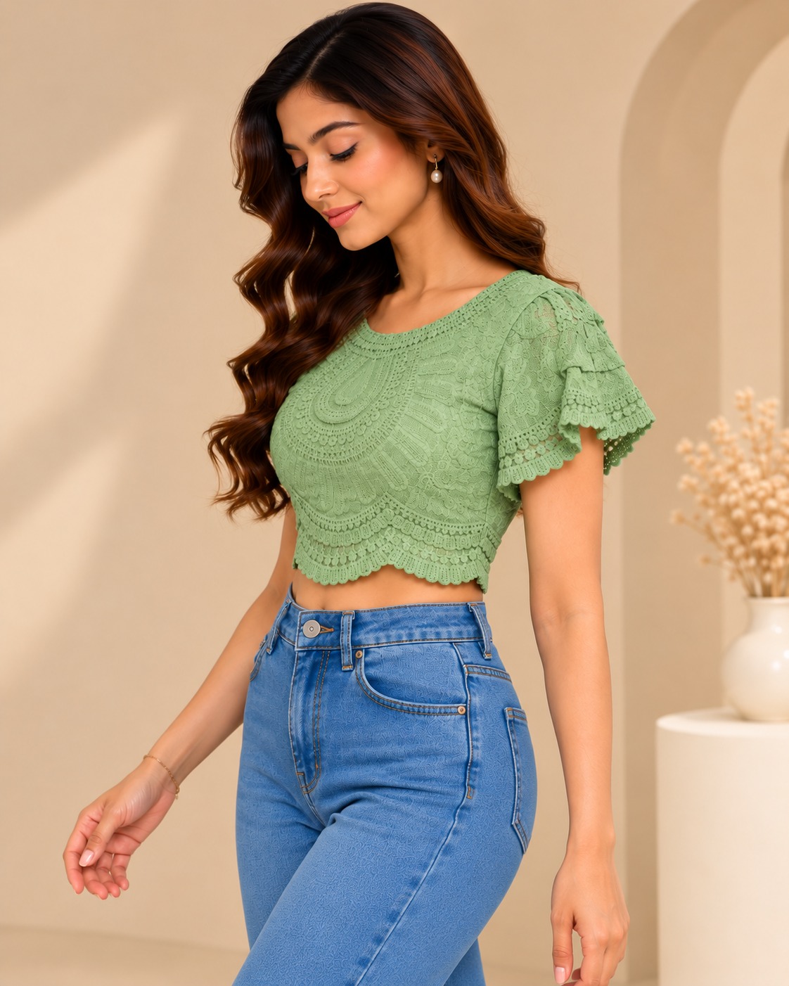 AAVARI Women’s Sage Green Lace Crop Top with Round Neck