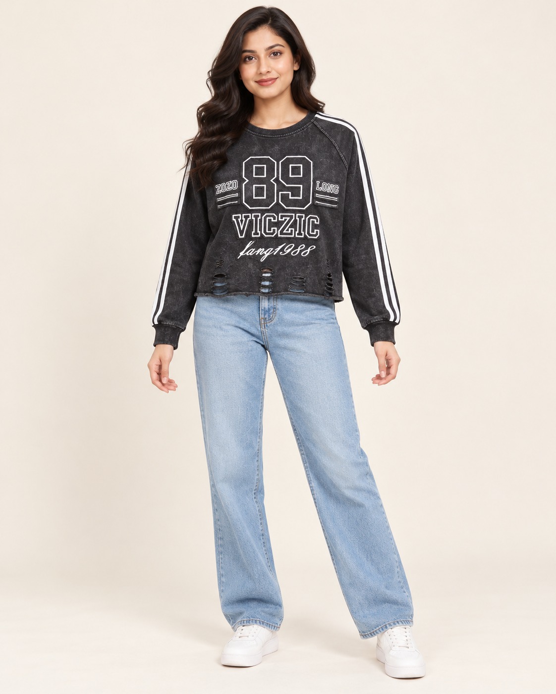 AAVARI Women’s Charcoal Washed Graphic Crop Sweatshirt with Full Sleeves