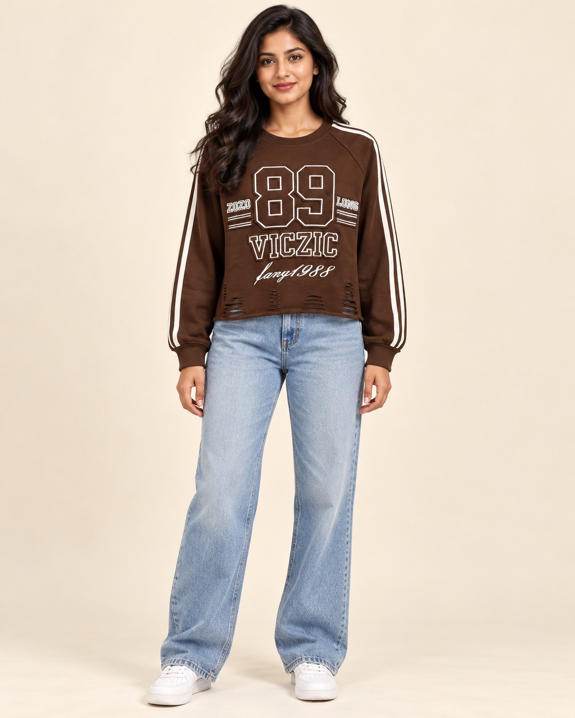 AAVARI Women’s Chocolate Brown Graphic Crop Sweatshirt with Full Sleeves