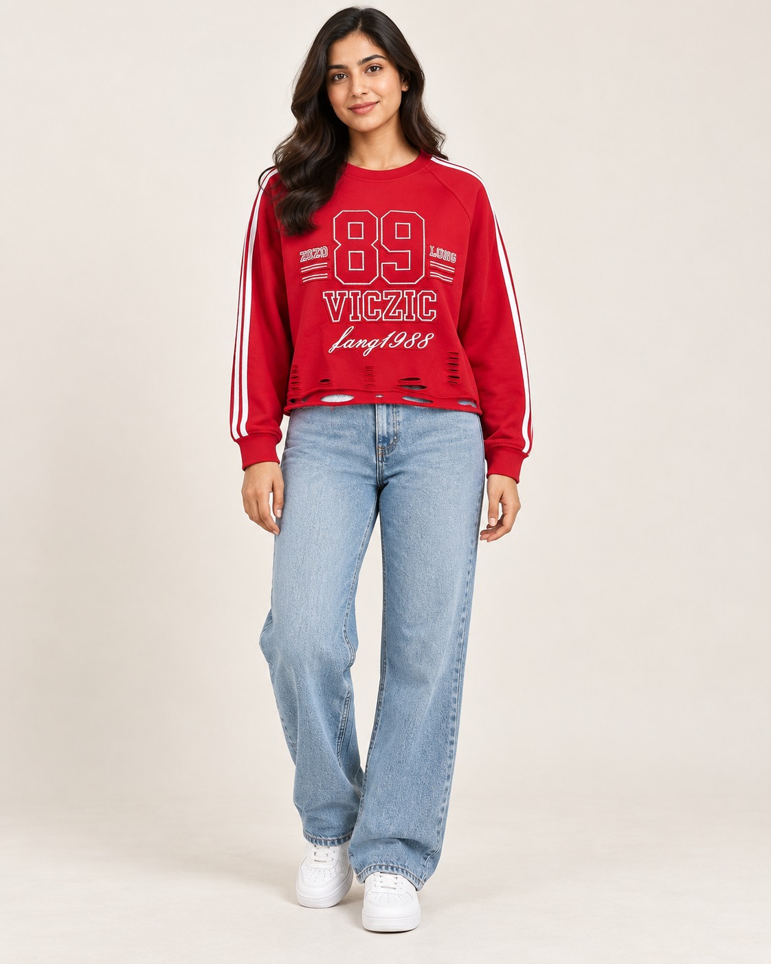 AAVARI Women’s Red Graphic Crop Sweatshirt with Full Sleeves