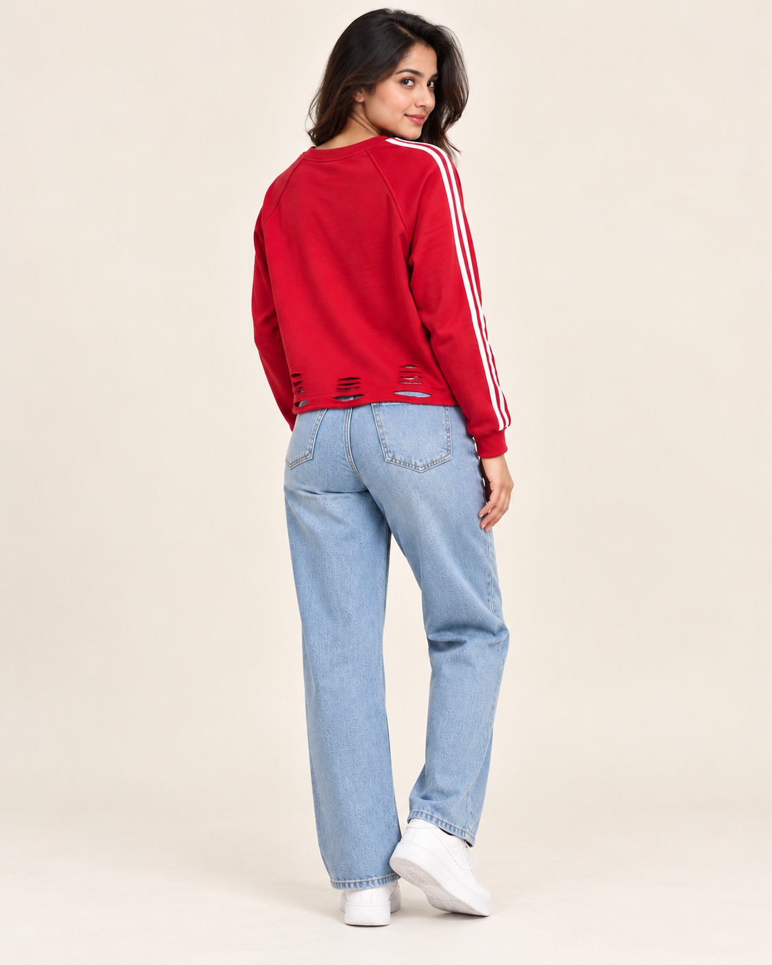 AAVARI Women’s Red Graphic Crop Sweatshirt with Full Sleeves