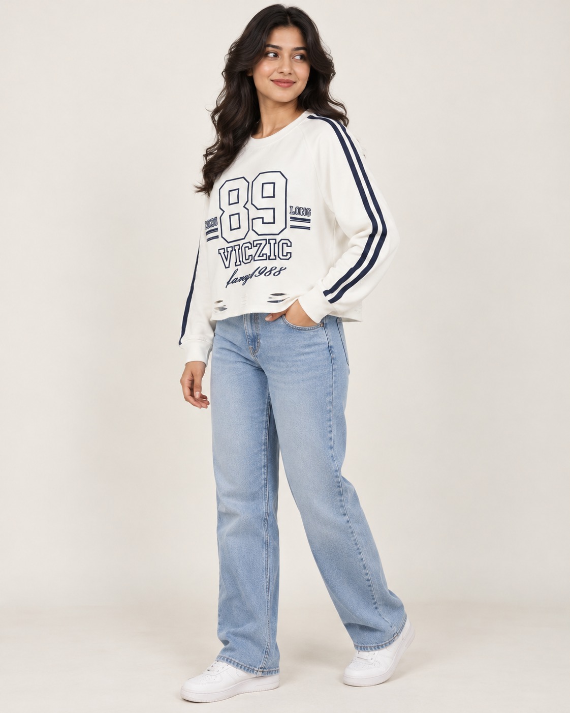 AAVARI Women’s Off-White Graphic Crop Sweatshirt with Full Sleeves