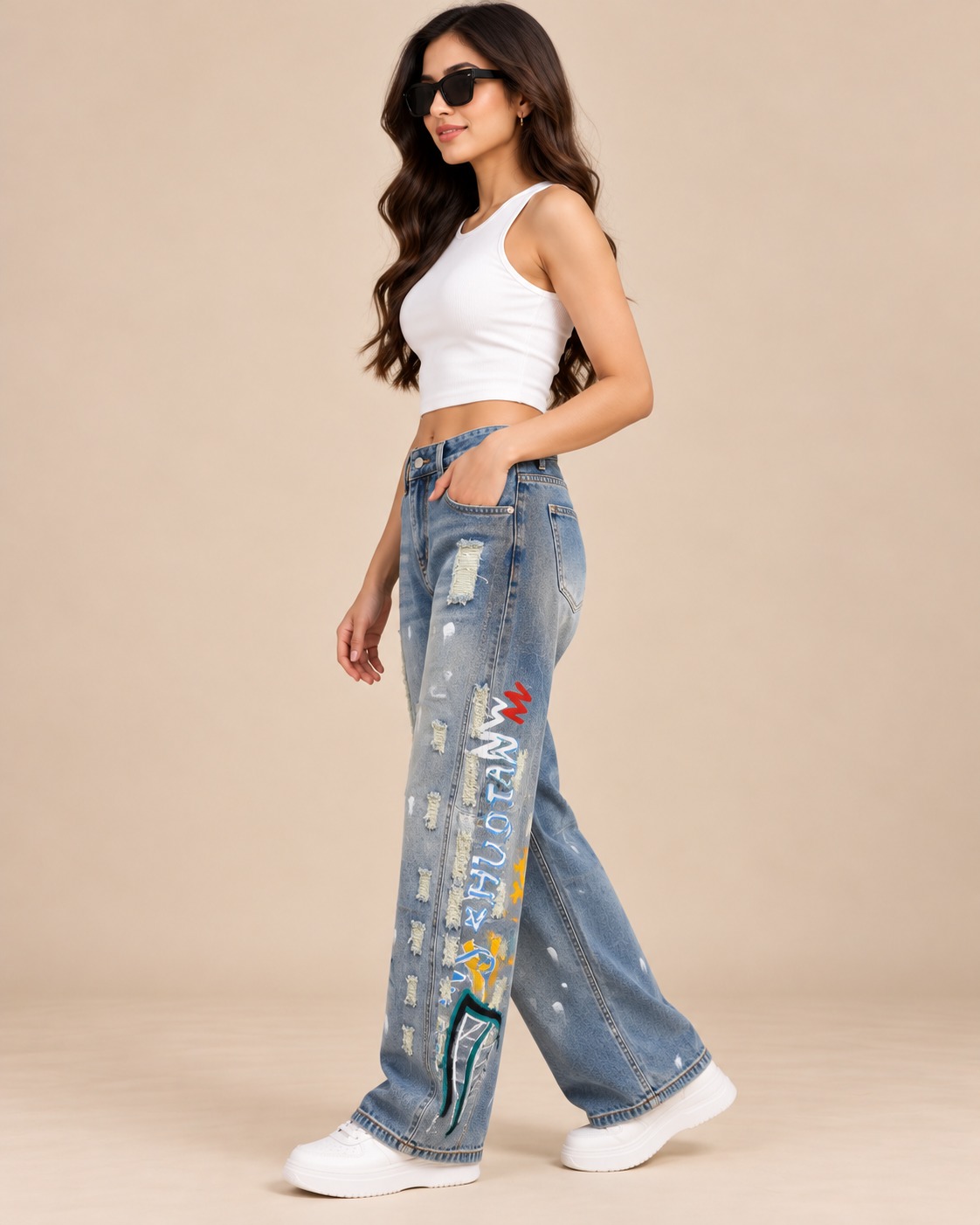 AAVARI Women’s Blue-Grey High-Rise Wide-Leg Jeans with Graffiti Print