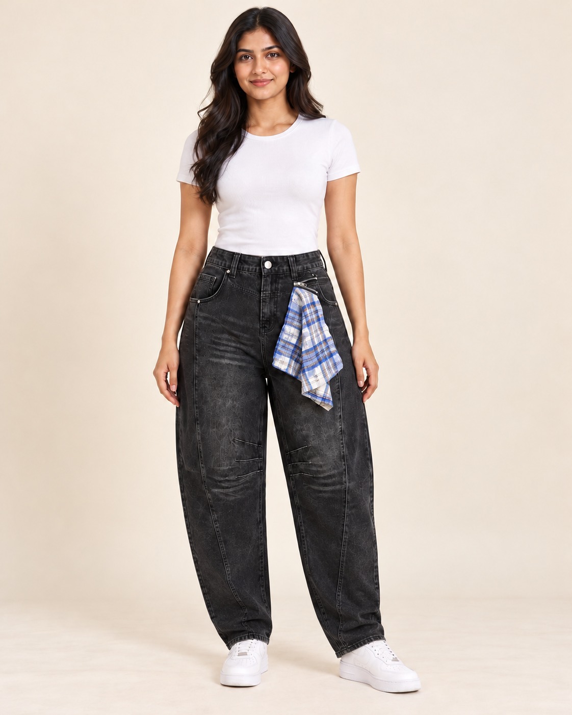 AAVARI Women’s Washed Black High-Rise Barrel-Leg Jeans with Panel Seams