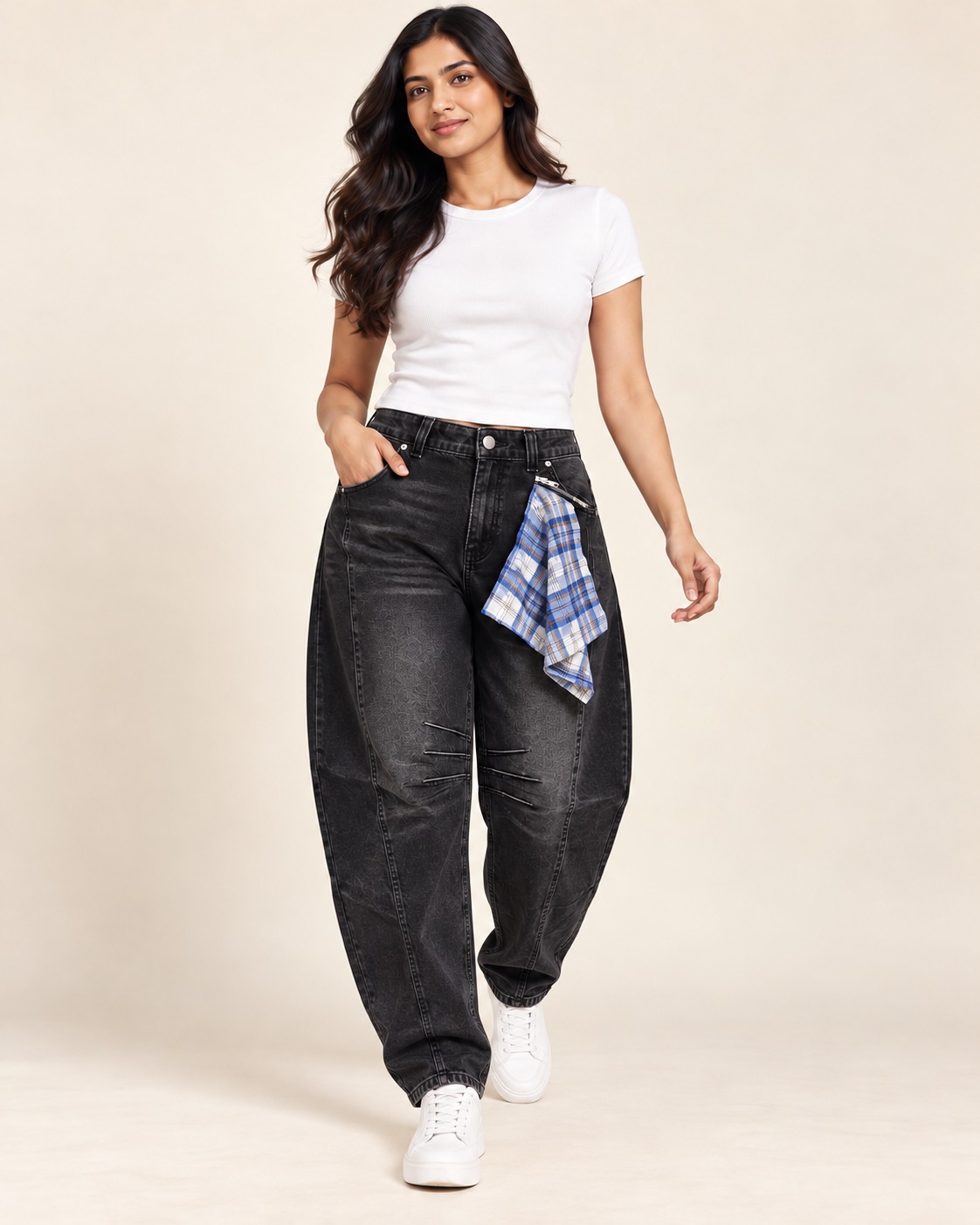 AAVARI Women’s Washed Black High-Rise Barrel-Leg Jeans with Panel Seams
