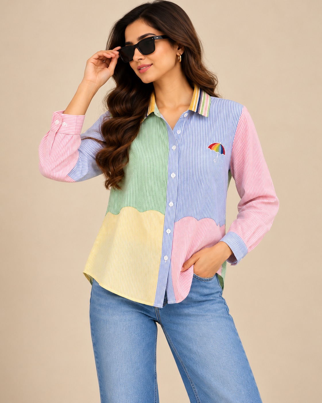 AAVARI Women’s Pastel Color Block Striped Shirt with Umbrella Embroidery & Full Sleeves