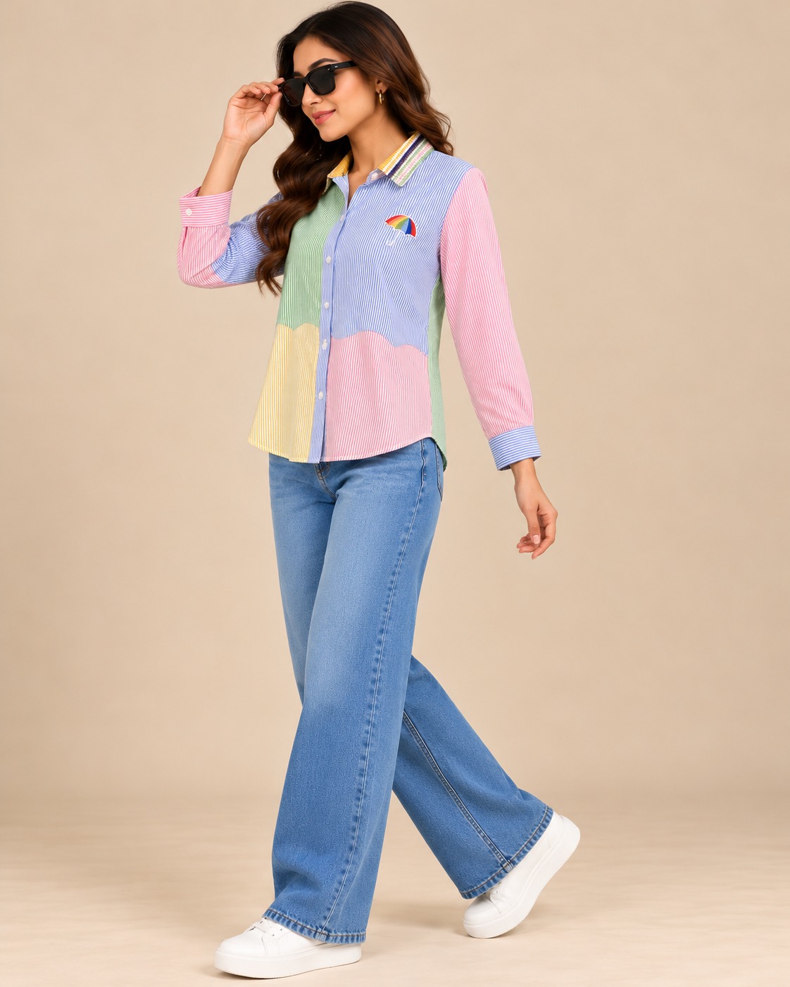 AAVARI Women’s Pastel Color Block Striped Shirt with Umbrella Embroidery & Full Sleeves