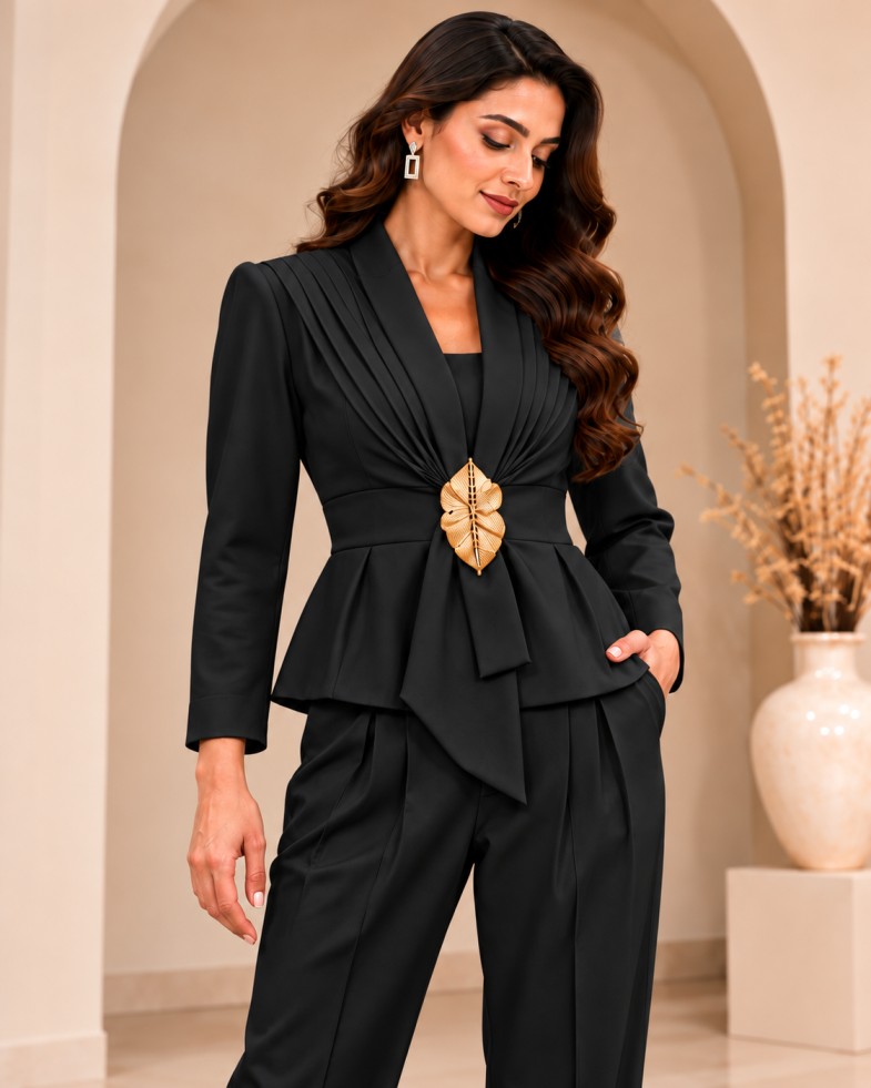 AAVARI Women’s Black Peplum Blazer & Trouser Set with Pleated Shawl Collar