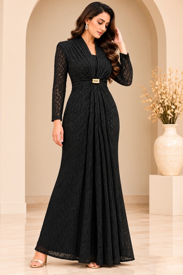AAVARI Women’s Black Lace Maxi Dress with Draped Neckline, Sheer Full Sleeves & Gold-Tone Waist Detail