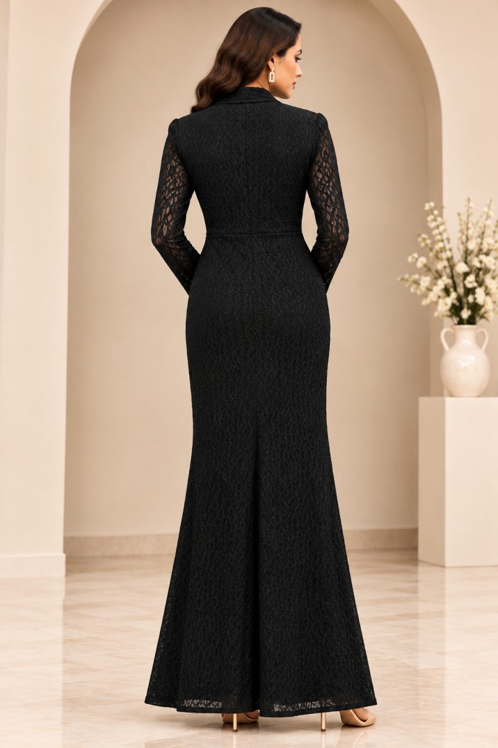 AAVARI Women’s Black Lace Maxi Dress with Draped Neckline, Sheer Full Sleeves & Gold-Tone Waist Detail