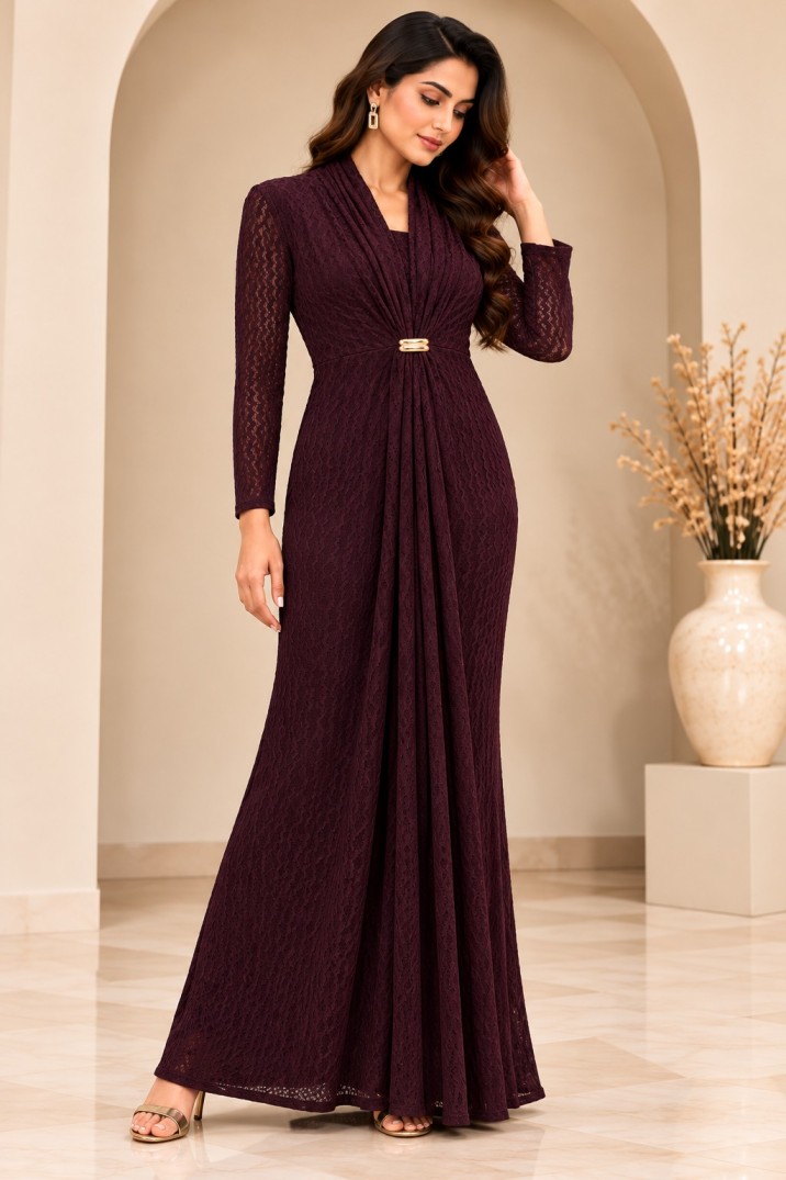 AAVARI Women’s Burgundy Lace Maxi Dress with Draped Neckline, Sheer Full Sleeves