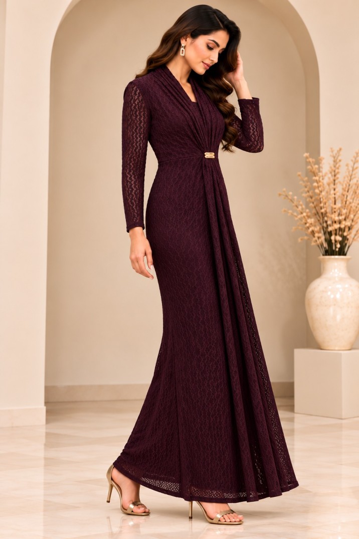 AAVARI Women’s Burgundy Lace Maxi Dress with Draped Neckline, Sheer Full Sleeves