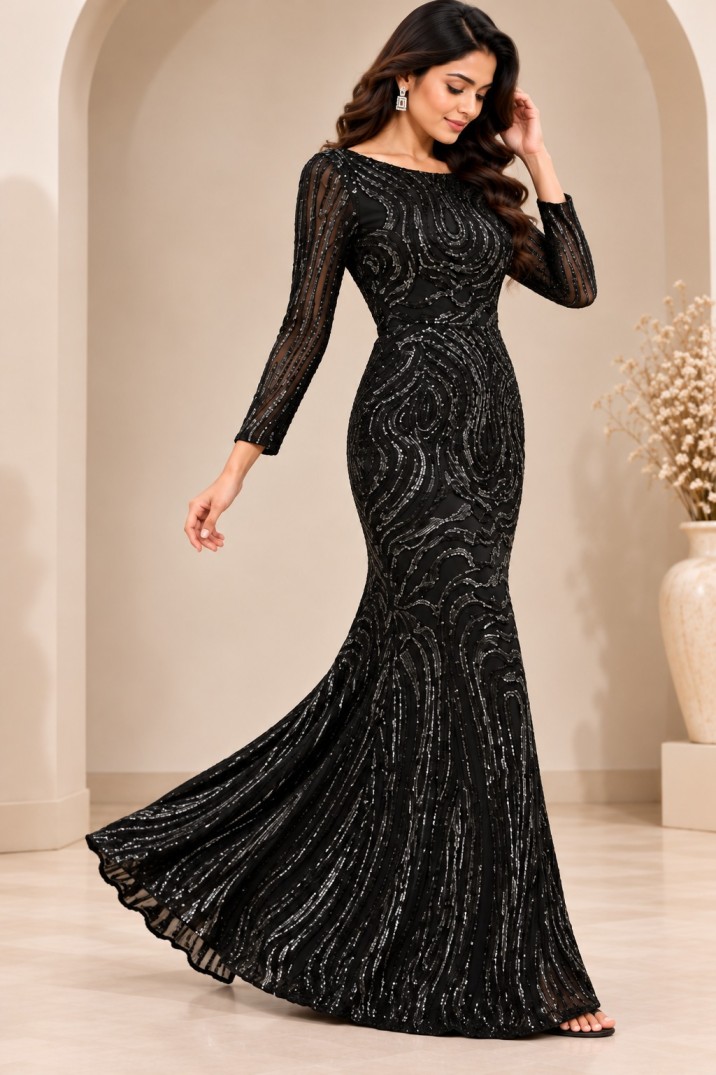 AAVARI Women’s Black Sequin Mermaid Evening Gown with Boat Neck & Sheer Full Sleeves