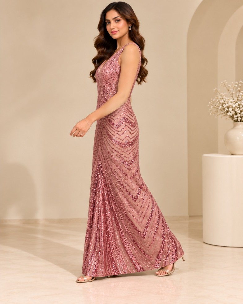 AAVARI Women’s Dusty Rose Sequin Maxi Gown with V-Neck, V-Back & Sleeveless Design