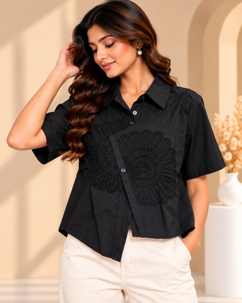 AAVARI Women’s Black Floral Lace Detail Shirt with Short Sleeves and Button Front