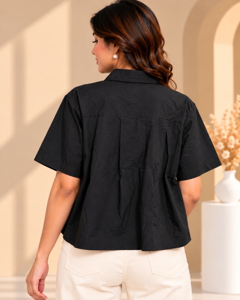 AAVARI Women’s Black Floral Lace Detail Shirt with Short Sleeves and Button Front