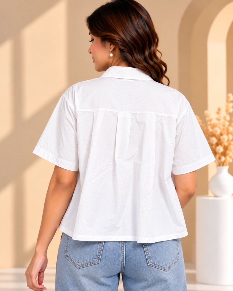 AAVARI Women’s White Floral Eyelet Button-Up Shirt with Short Sleeves