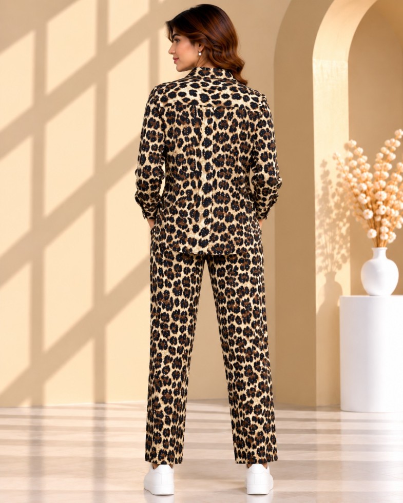 AAVARI Women’s Leopard Print 2-Piece Co-ord Set with Collared Long-Sleeve Shirt & Straight-Leg Pants