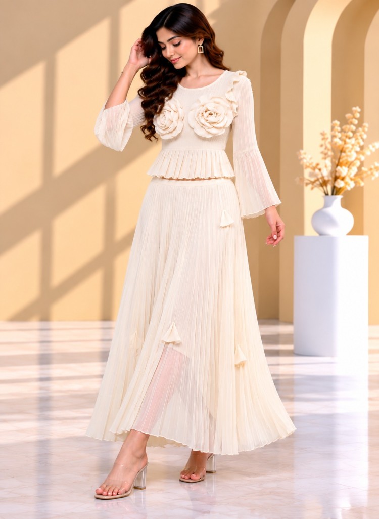 AAVARI Women’s Ivory Pleated 2-Piece Skirt Co-ord Set with 3D Floral Peplum Top