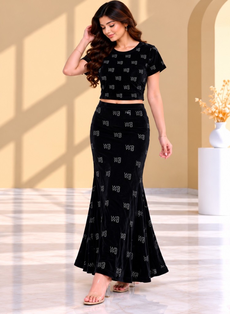 AAVARI Women’s Black Embellished 2-Piece Co-ord Set with Short-Sleeve Crop Top