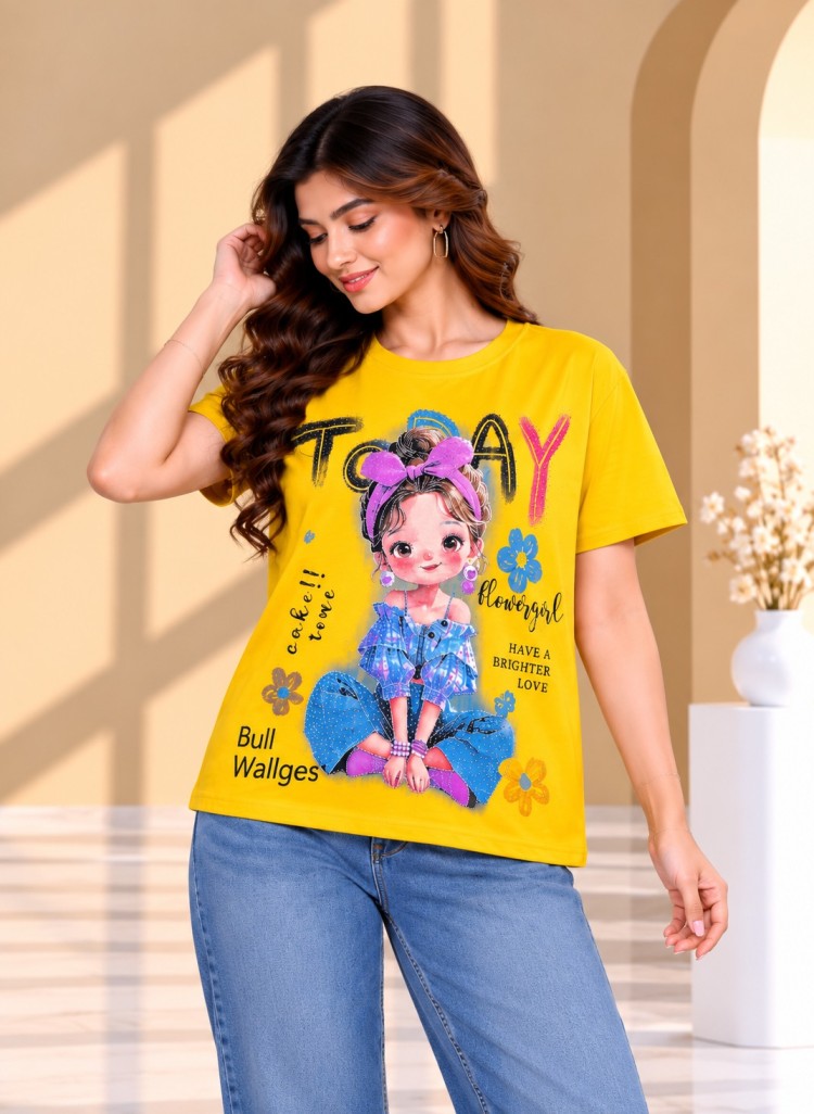 AAVARI Women’s Yellow Cartoon Girl Graphic Print Top with Round Neck & Short Sleeves