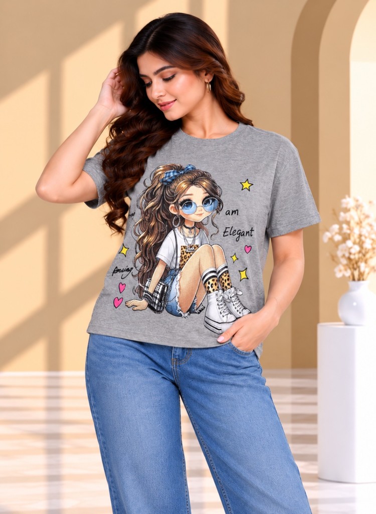 AAVARI Women’s Gray Melange Graphic Print Top with Round Neck & Short Sleeves