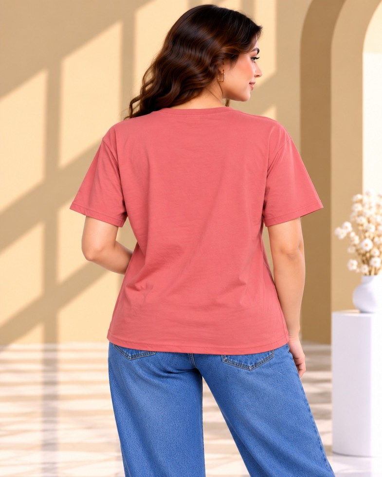 AAVARI Women’s Coral Pink Cartoon Girl Graphic Print Top with Round Neck