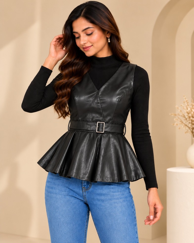 AAVARI Women’s Black Leather-Look V-Neck Belted Peplum Top