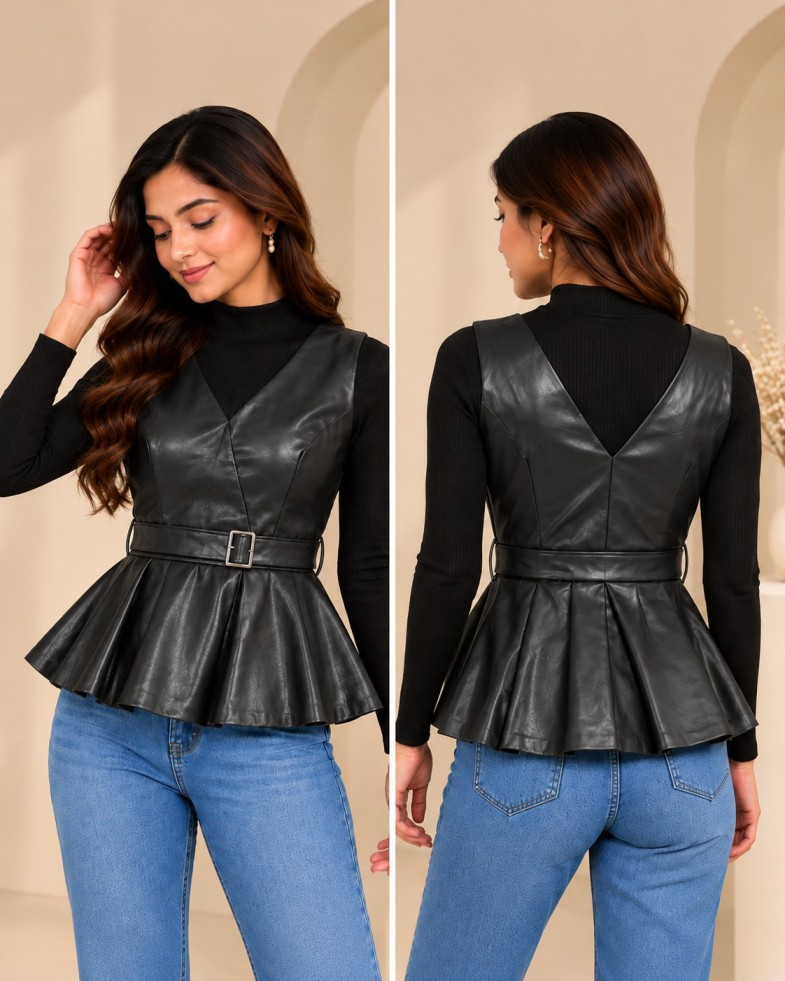 AAVARI Women’s Black Leather-Look V-Neck Belted Peplum Top