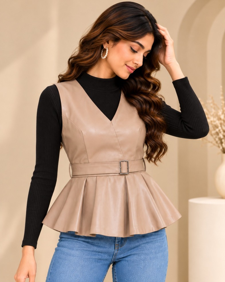 AAVARI Women’s Beige Leather-Look Sleeveless V-Neck Belted Peplum Top