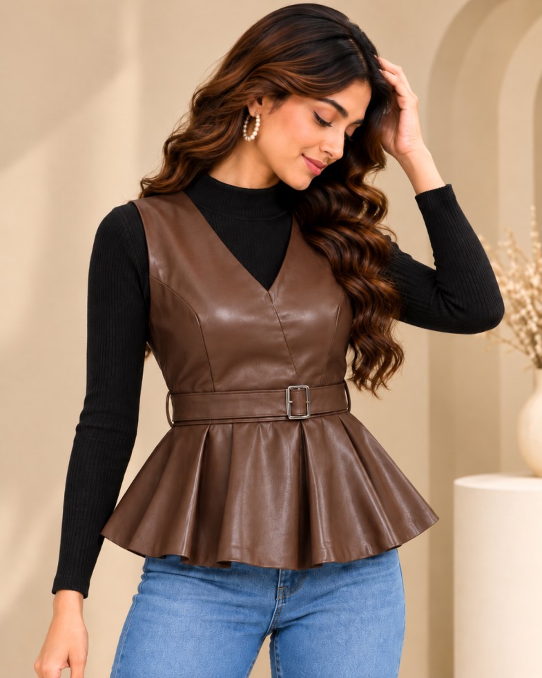 Women’s Brown Leather-Look Belted Peplum Top with V-Neck