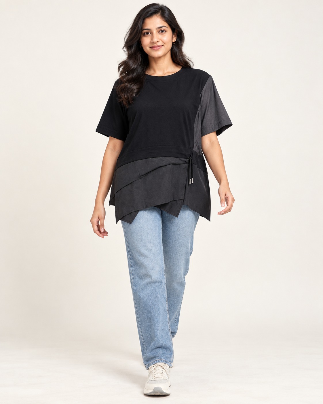AAVARI Women’s Black & Charcoal Colorblock Round-Neck Asymmetric Layered Top