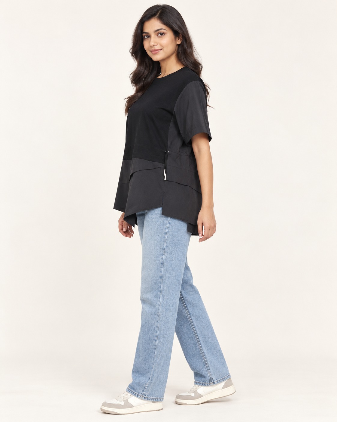 AAVARI Women’s Black & Charcoal Colorblock Round-Neck Asymmetric Layered Top