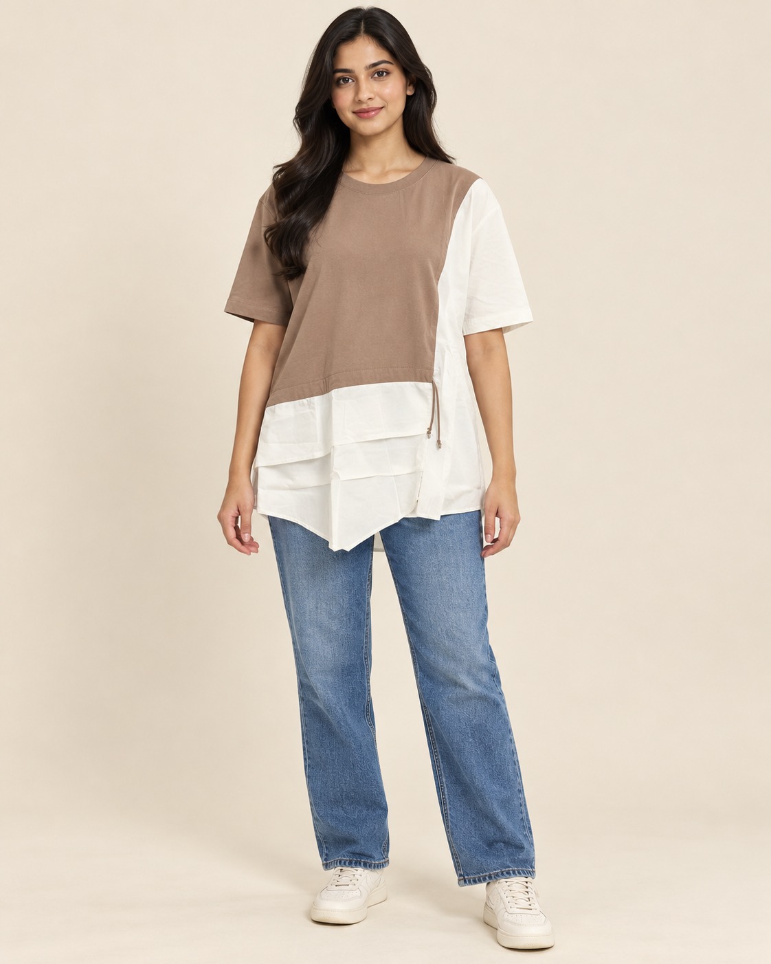 Women’s Taupe Brown & White Color Block Oversized Top with Asymmetric Layered Hem