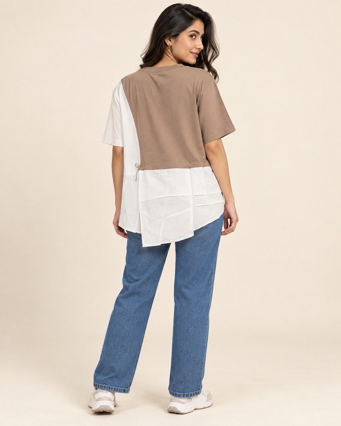 Women’s Taupe Brown & White Color Block Oversized Top with Asymmetric Layered Hem
