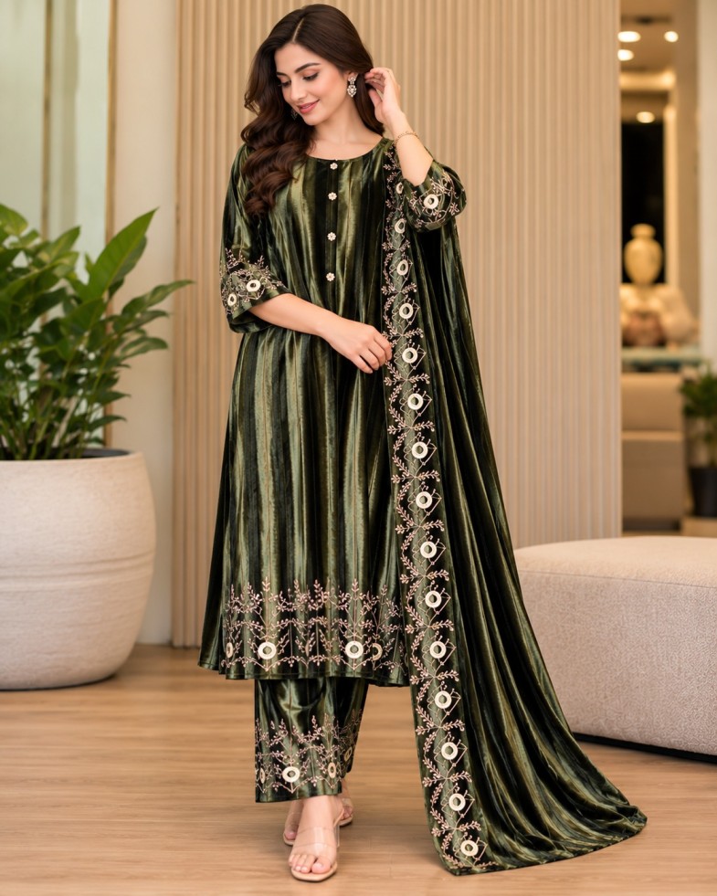 AAVARI Women’s Dark Olive Green Embroidered Velvet-Look Kurta Palazzo Set with Dupatta