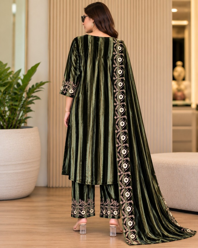 AAVARI Women’s Dark Olive Green Embroidered Velvet-Look Kurta Palazzo Set with Dupatta