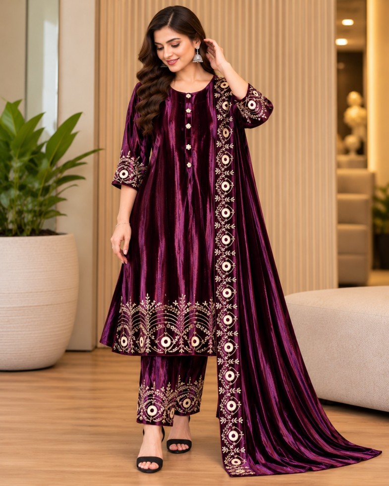 AAVARI Women’s Wine Embroidered Velvet-Look Kurta Palazzo Set with Dupatta