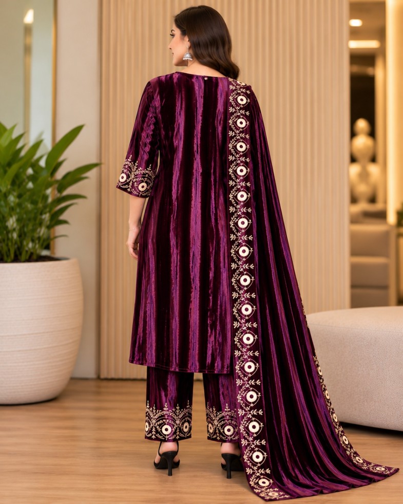 AAVARI Women’s Wine Embroidered Velvet-Look Kurta Palazzo Set with Dupatta