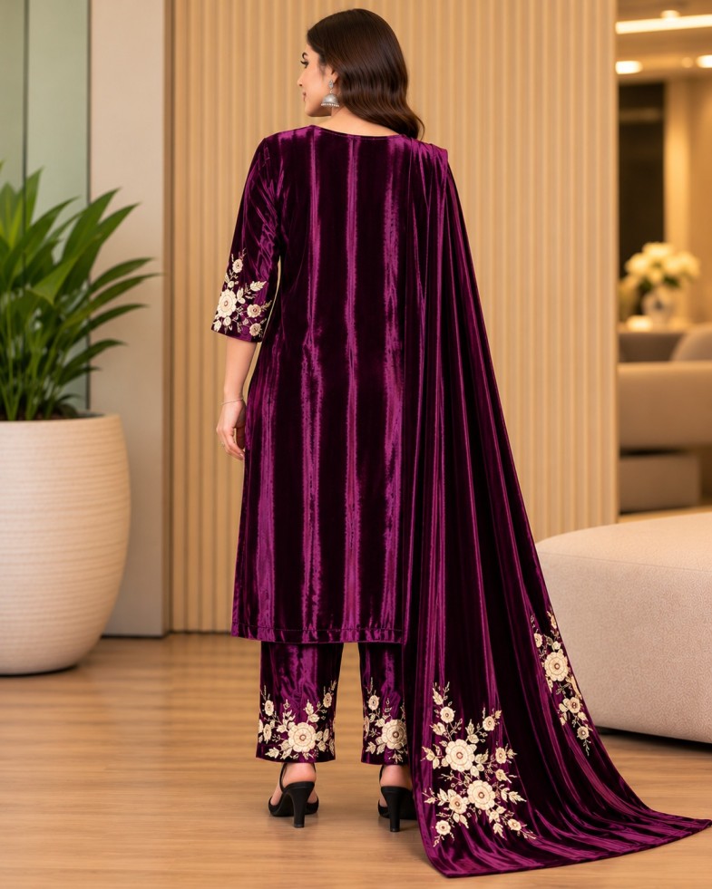 AAVARI Women’s Wine Floral Embroidered Velvet-Look Kurta Pant Set with Dupatta